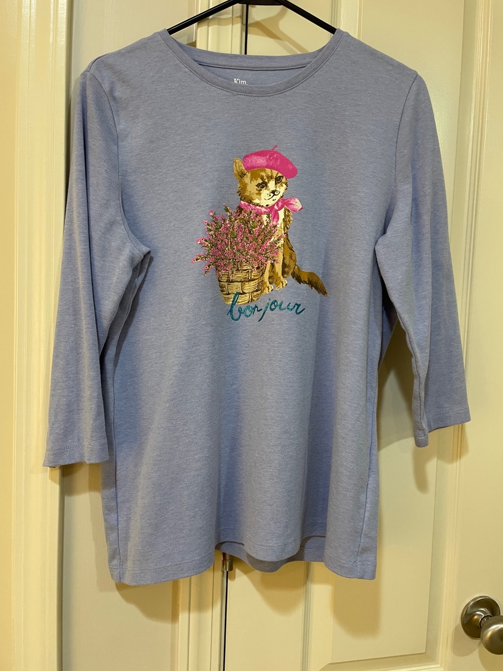 Kim Rogers Light Blue Tee with Pink Accent Cat Graphic